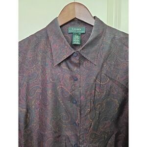 90s Lauren Ralph Lauren 100% Silk Heritage Paisley Blouse Knot Buttons XL *FLAWS
